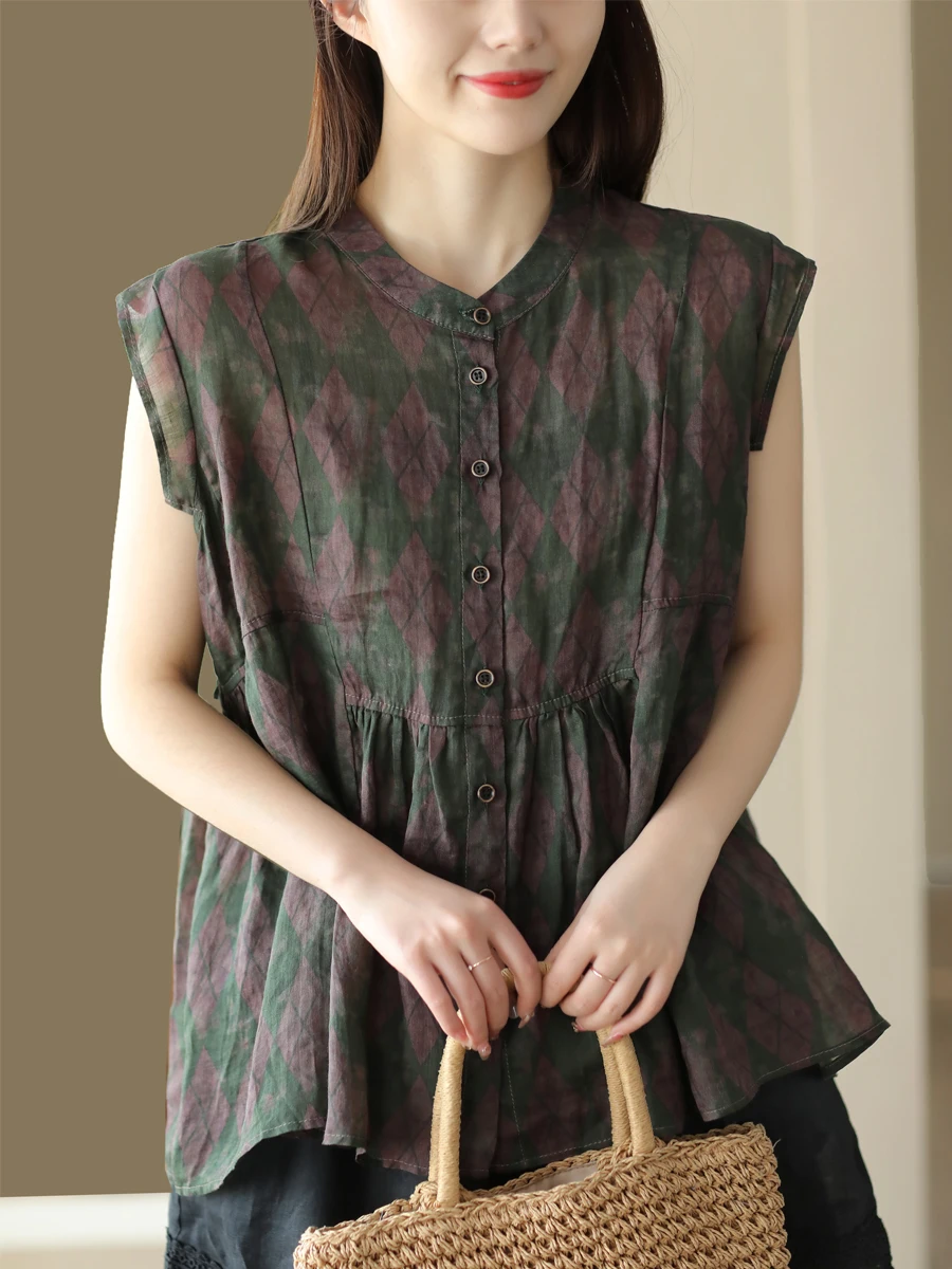 Été Vintage imprimé lin irt femmes polyvalent Agel Personali Ba sangle poupée irt Svel haut à la mode bouton fermeture