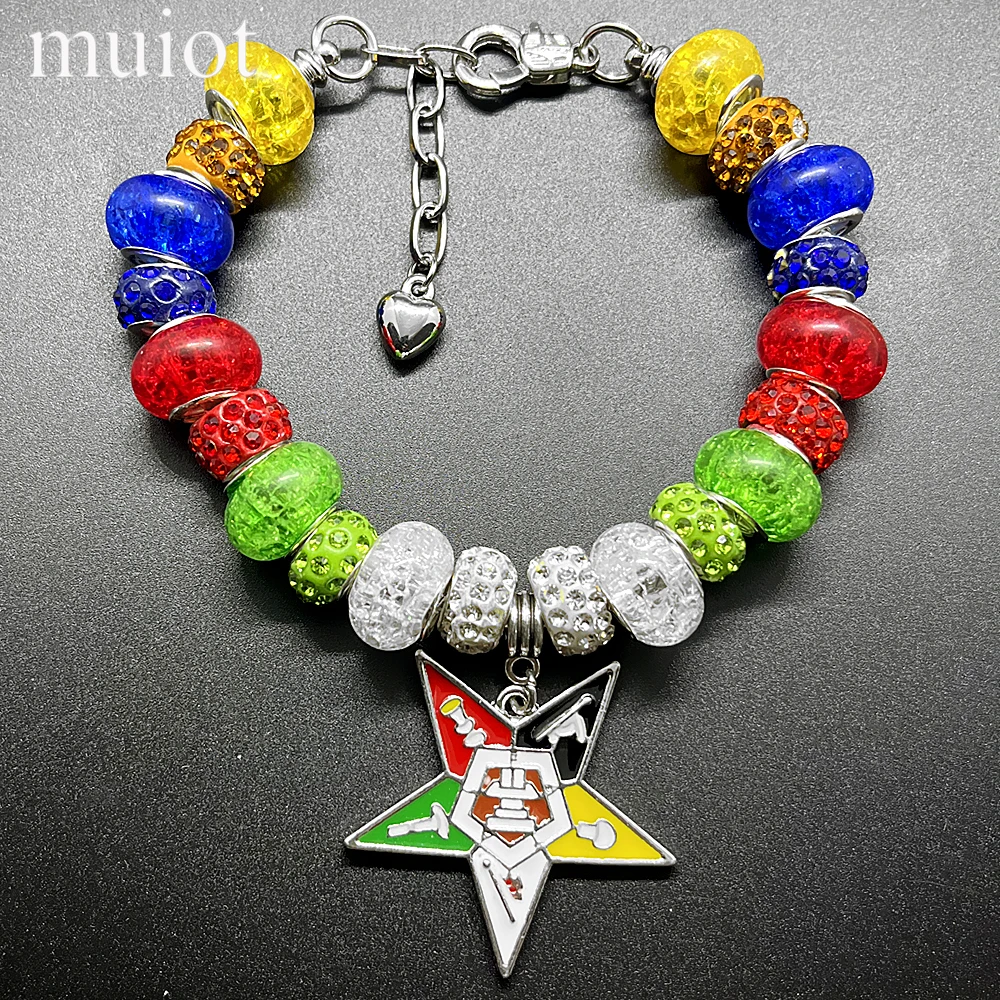 Fashion Order Of Eastern Star Society Inc OES Pentagram Pendant Big Hole Beads Bracelet Banglejewelry