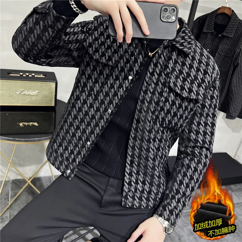 2022 Winter Houndstooth Leather Jackets Men Thicken Warm Turn Down Collar Motorcycle Jacket Casual Slim Fit PU Coat Men Clothing