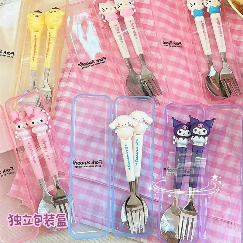 Cute Cinnamorolls Cartoon Stainless Steel Cutlery Kuromis Three-piece Set Spoon Fork and Chopsticks Cutlery Kids School Supplies