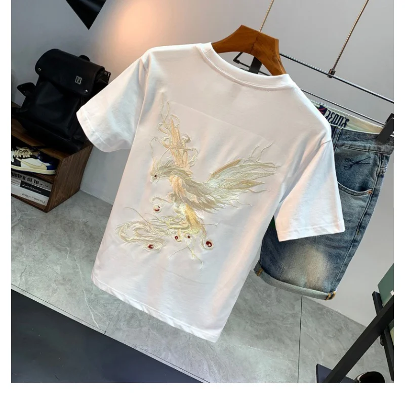 

Chinese style high quality phoenix embroidery short sleeve T-shirt MEN'S trendy summer slim fit stretch casual fashion MEN'S top