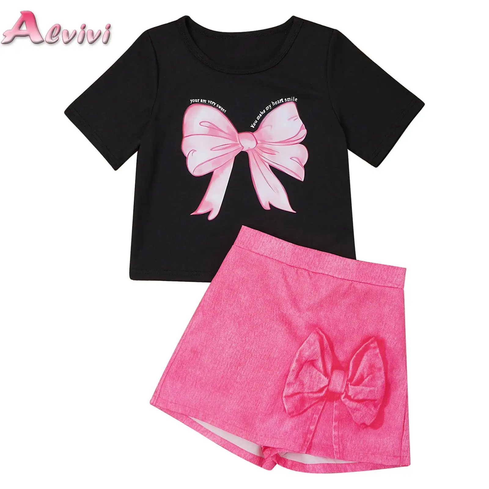 

Kids Girls Cute Bowknot Printed Casual Outfit Short Sleeve T-shirt with Culotte Shorts for Birthday Picnic Park Vacation Beach