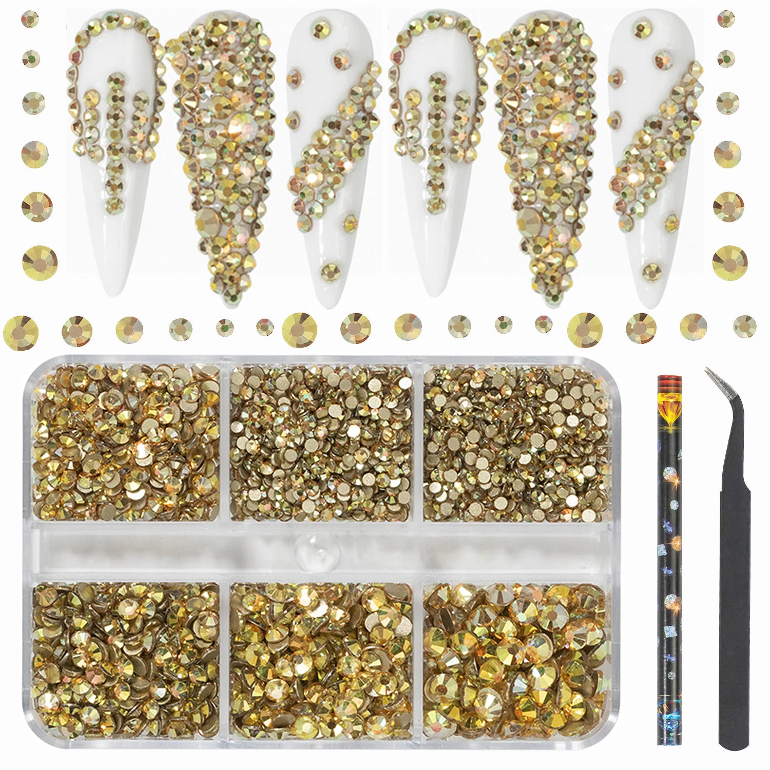 

HNUIX Luxury Shini 3D Diamond Golden sunshade multi-size Nail Rhinestones Flatback Nail Charms Flat Bottom Crystals Nail Art 3D Decoration Gem Kit