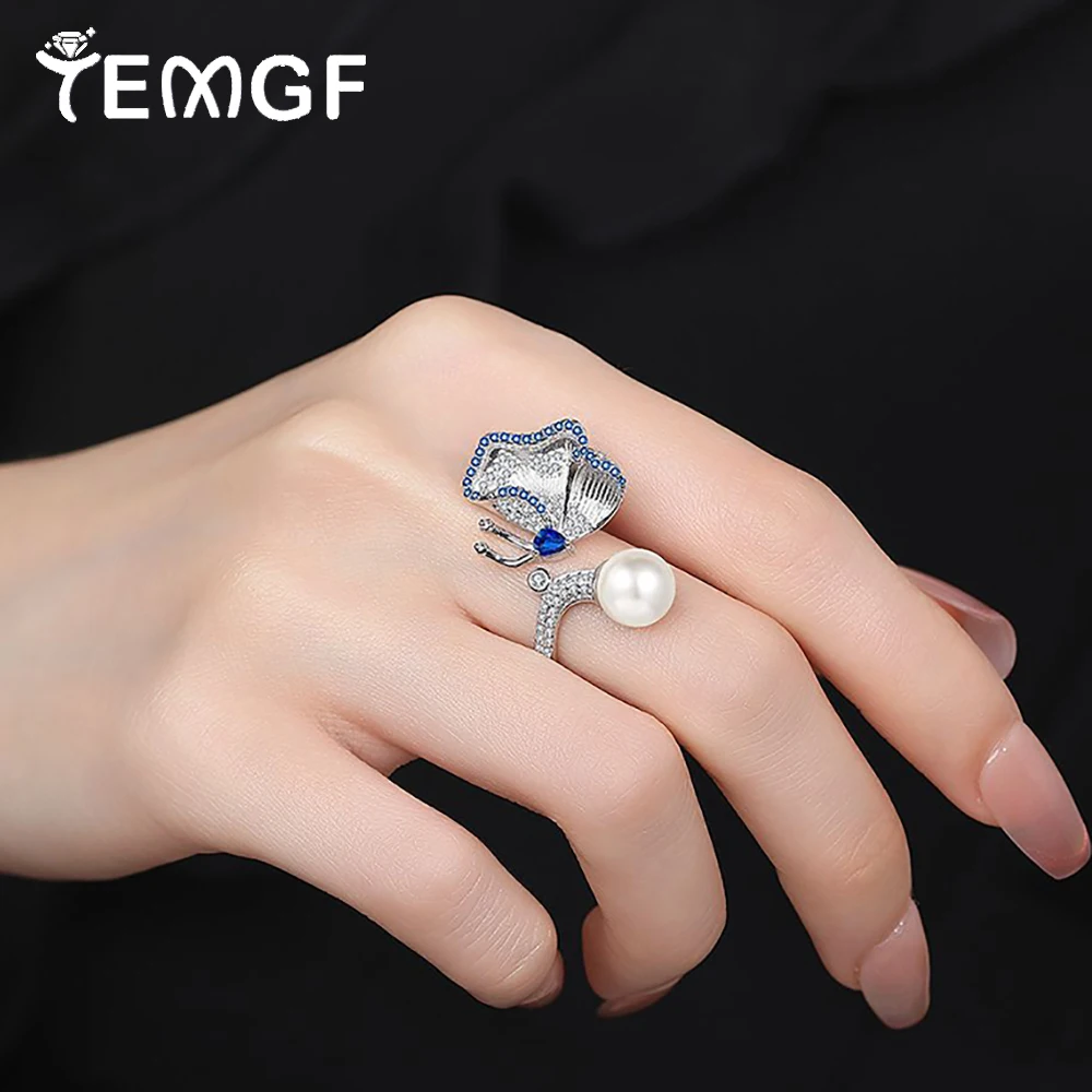 

TEMGF 8mm Pearl Ring Full Zircon Inlay 925 Sterling Silver Butterfly Open Ring for Women Luxury Sparkling Fine Jewelry Gifts