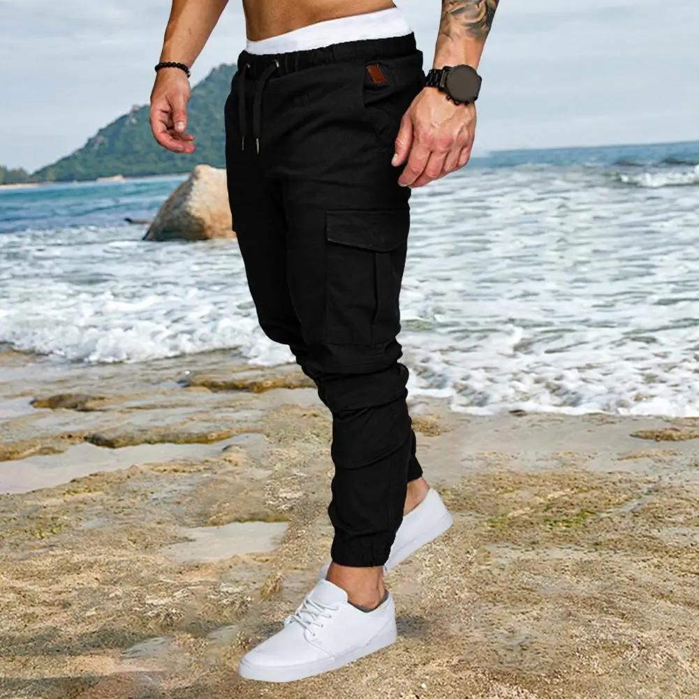 

Drawstring Waist Men Trousers Men's Cargo Pants with Ankle-banded Design Multiple Pockets Elastic Waist for Gym for Comfort