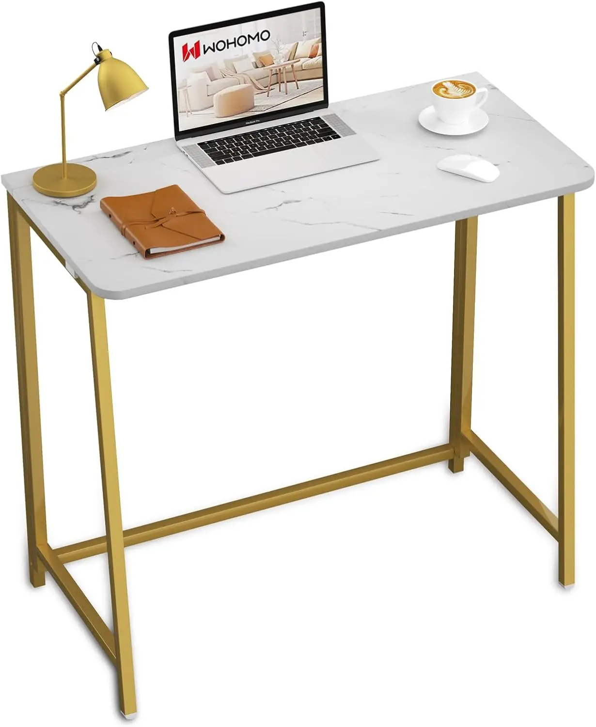 

31.5" Faux Marble Folding Desk with Gold Legs, Small Computer Table for Home Office, White