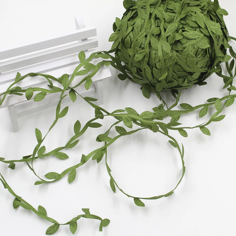 10m Artificial Green Leaves for DIY Craft, Handmake Leaf Trim Ribbon, Wedding Party, Home Decoration Accessories