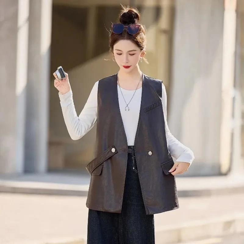 

Spring Femme Fashion PU Leather Vest Tops Korean Ladies Casual Leather Sleeveless Autumn Women Loose Faux Leather Waistcoat Coat