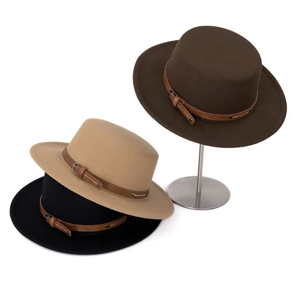 

All-match Elegant Woolen Flat Top Hat Belt Buckle Wide Brim Felt Hat Solid Color British Style Women Jazz Hat Casual Wear