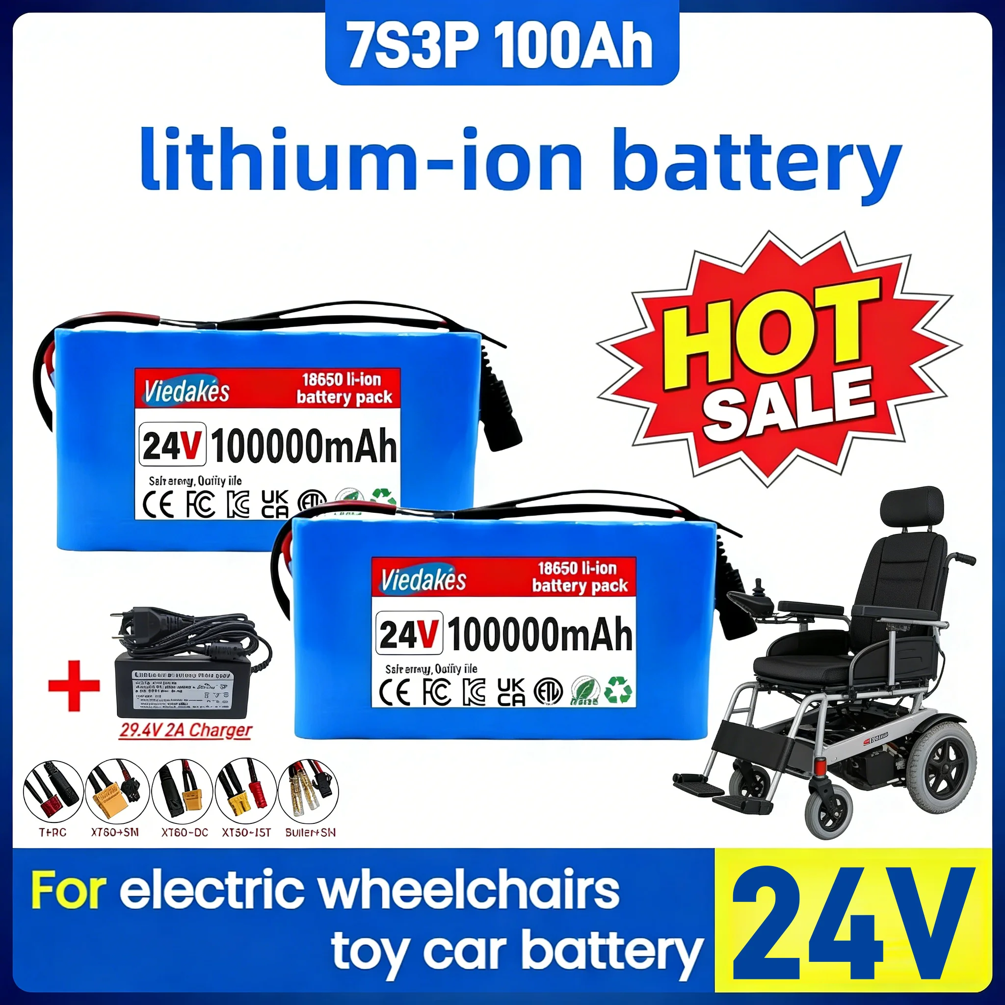 

24V 100Ah 7S3P Rechargeable Li-ion Battery with BMS + 29.4V 2A Charger for Electric Wheelchair, Mobility Scooter