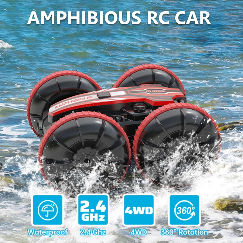 Samochód zdalnie sterowany 2.4G Rc Boat Wodoodporny sterowany amfibijny samochód kaskaderski 4WD All Terrain Beach Pool Zabawki dla chłopców