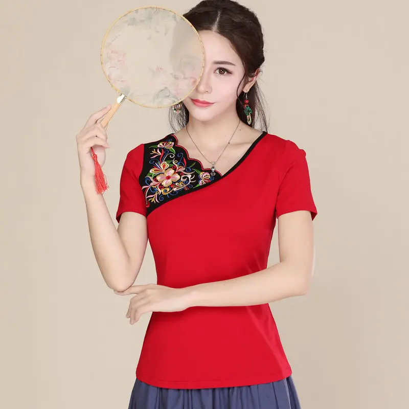 

2023 summer embroidery stitching slim chinese style embroidery t-shirt female national style new short-sleeved women's top