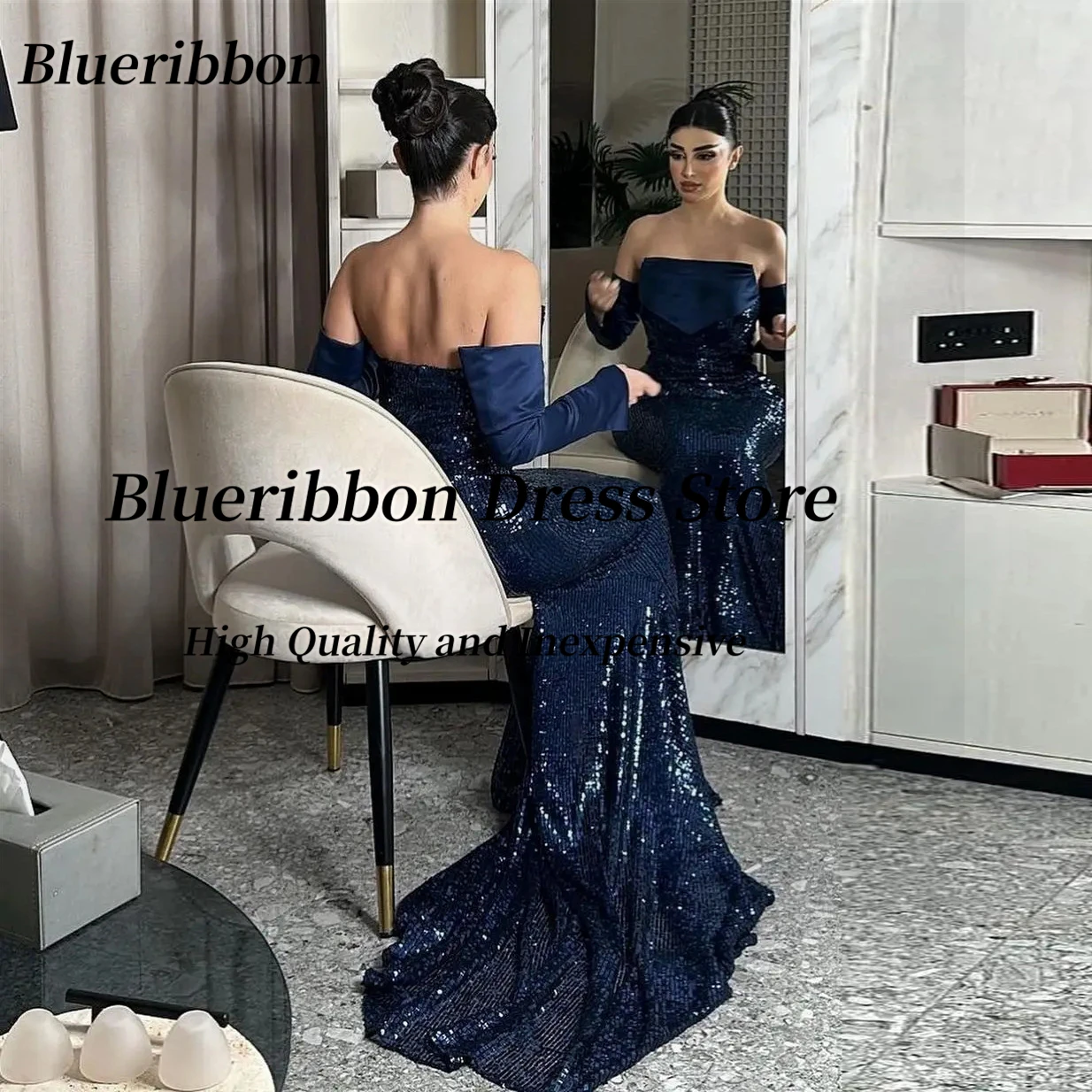 Blueribbon Customized Navy Blue Sequins Prom Dresses Strapless Detachable Long Sleeves Evening Dress Sexy Back Bridal Gowns