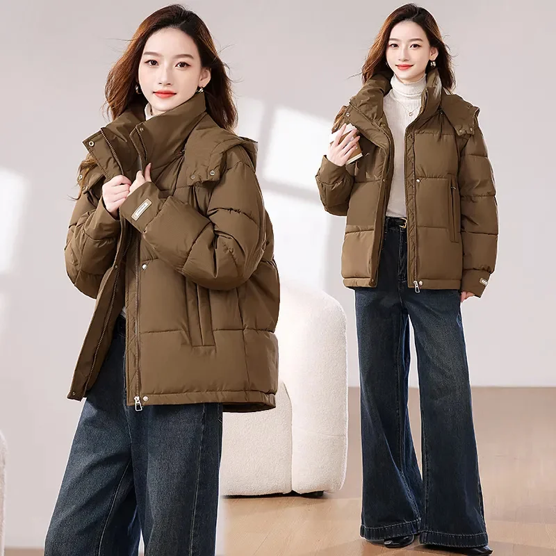 패션 짧은 코튼 패딩 재킷 여성 겨울 2025 신상 후드 다운 코트 여성 파카 한국 브레드 아우터 여성용 따뜻한 오버웨어