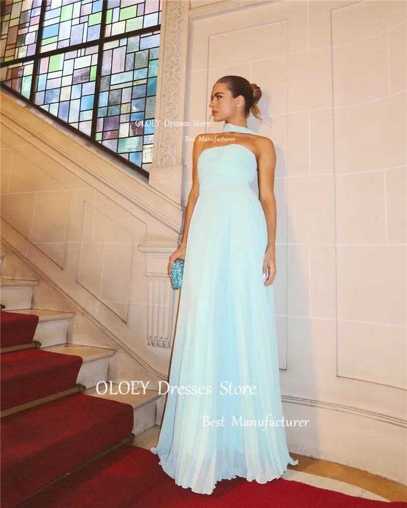 OLOEY 간단한 라이트 블루 이브닝 드레스 쉬폰 아랍어 여성 Strapless 바닥 길이 댄스 파티 드레스 파티 공식 드레스 플러스 사이즈