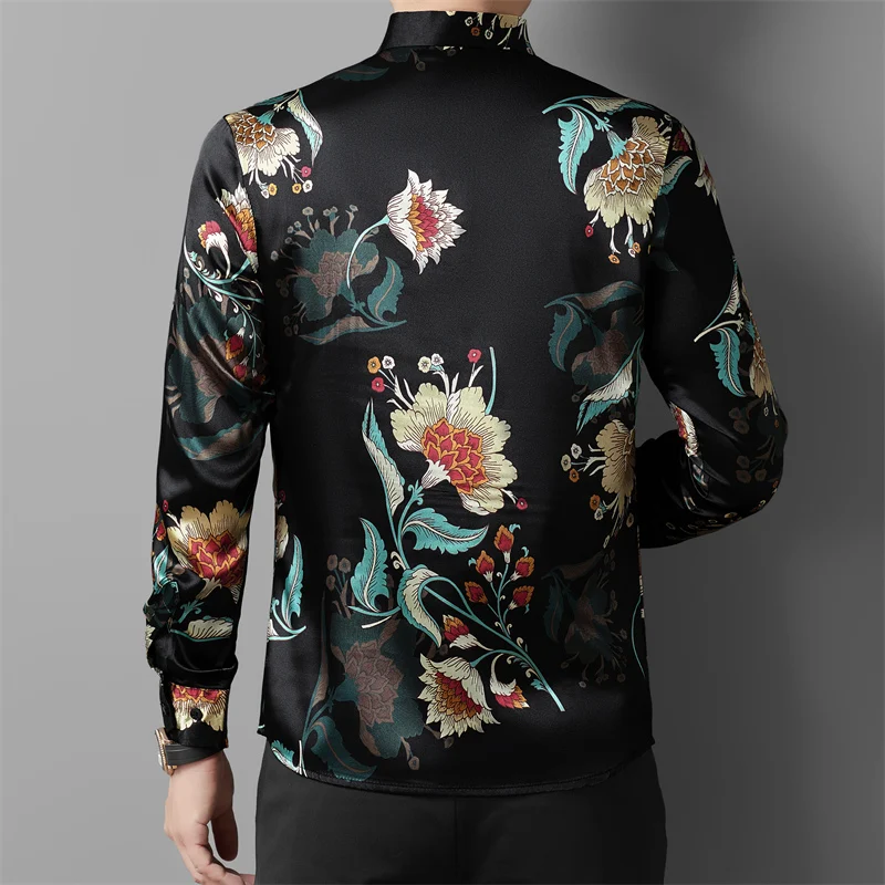 Retro Bloemen Peint Shirt Voor Mannen 2024 Herfst Lange Mouwen Slanke Casual Revers Shirts Tops Social Street Wear Blouse Heren Kleding