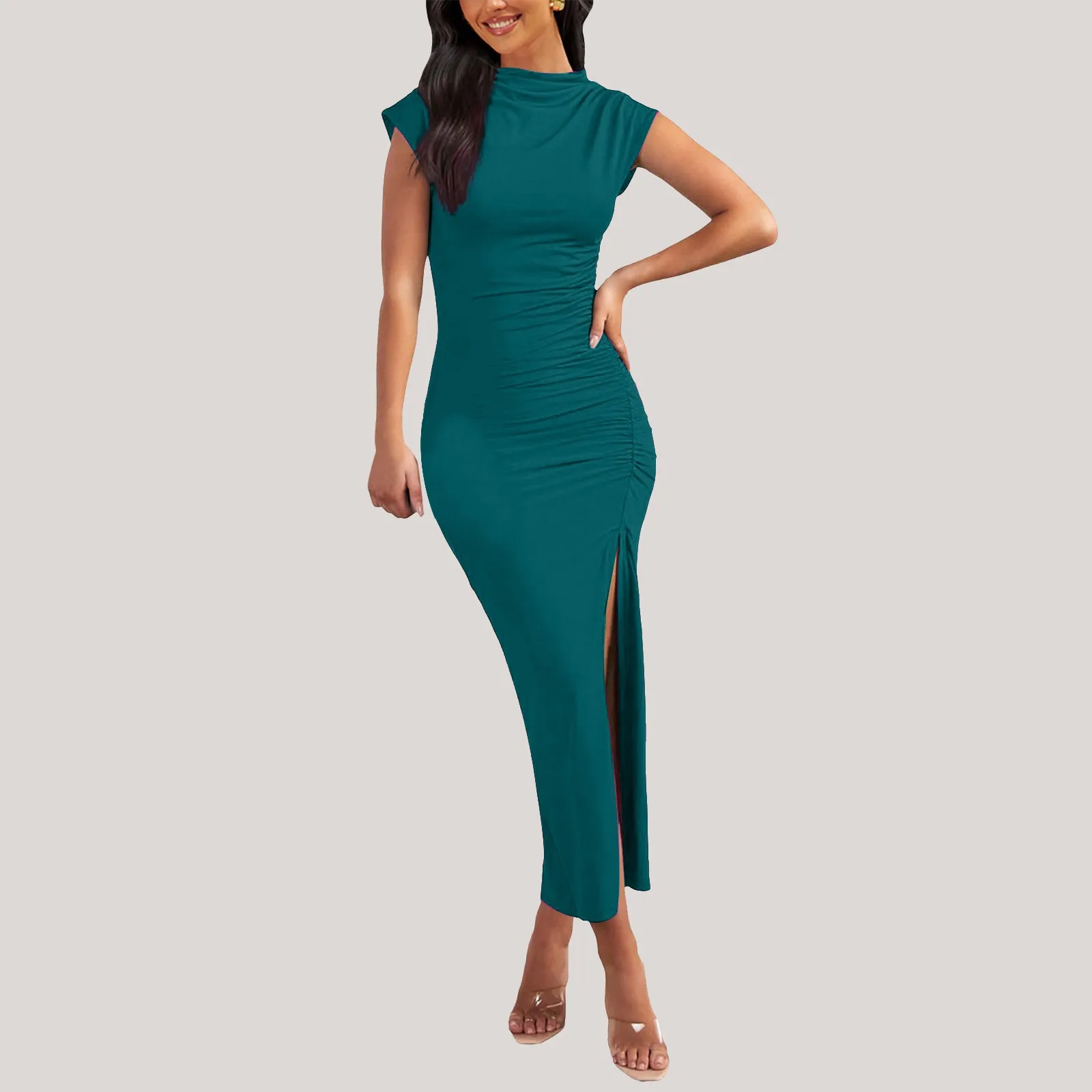 Summer Women's Slim Party Dresses Round Neck Sleeveless Shoulder-padded Bodycon High Waist Midi Dress Spring Female Chic Dress