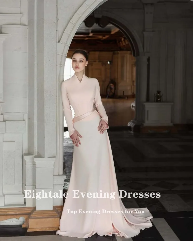 Eightale アラビアイブニングドレスカスタマイズされた V ネック長袖ライトピンクマーメイドイスラム教徒ウエディングウェディングパーティードレス abiye düğünlük