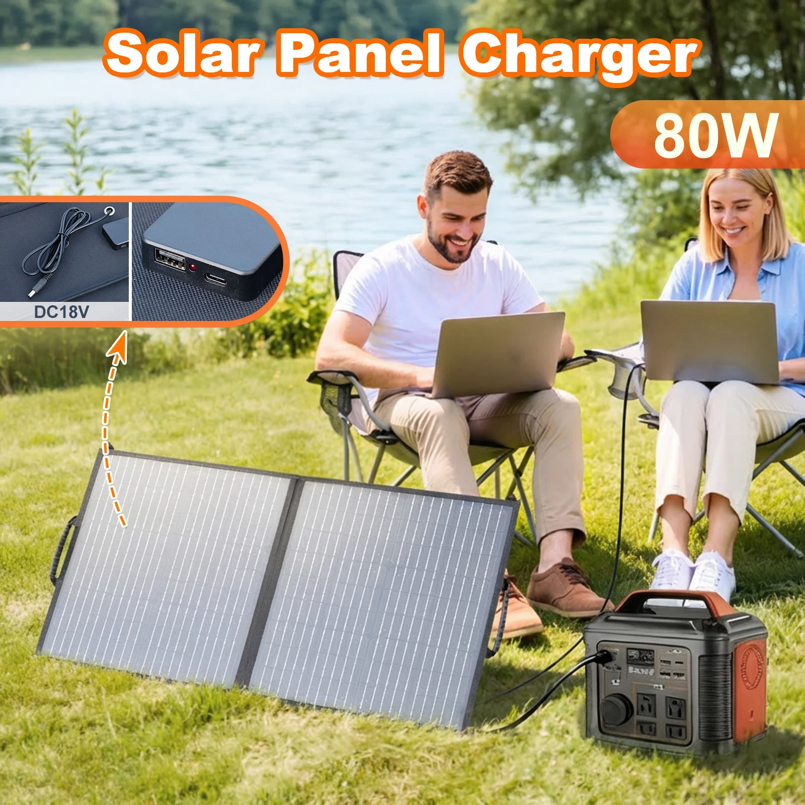 Leaorld 80W Solarpanel-Ladegerät, 18V DC 5521 35135 7909 5525 mit Ständern, Clips, 12V Batterieladegerät, Powerstation, Wohnmobil, Landwirtschaft