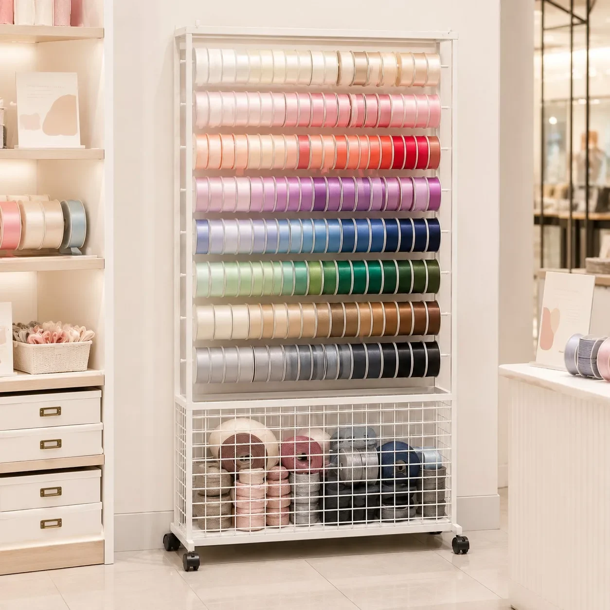 Wrought iron movable ribbon storage rack, flower shop ribbon ribbon finishing, large-capacity display rack, special rack
