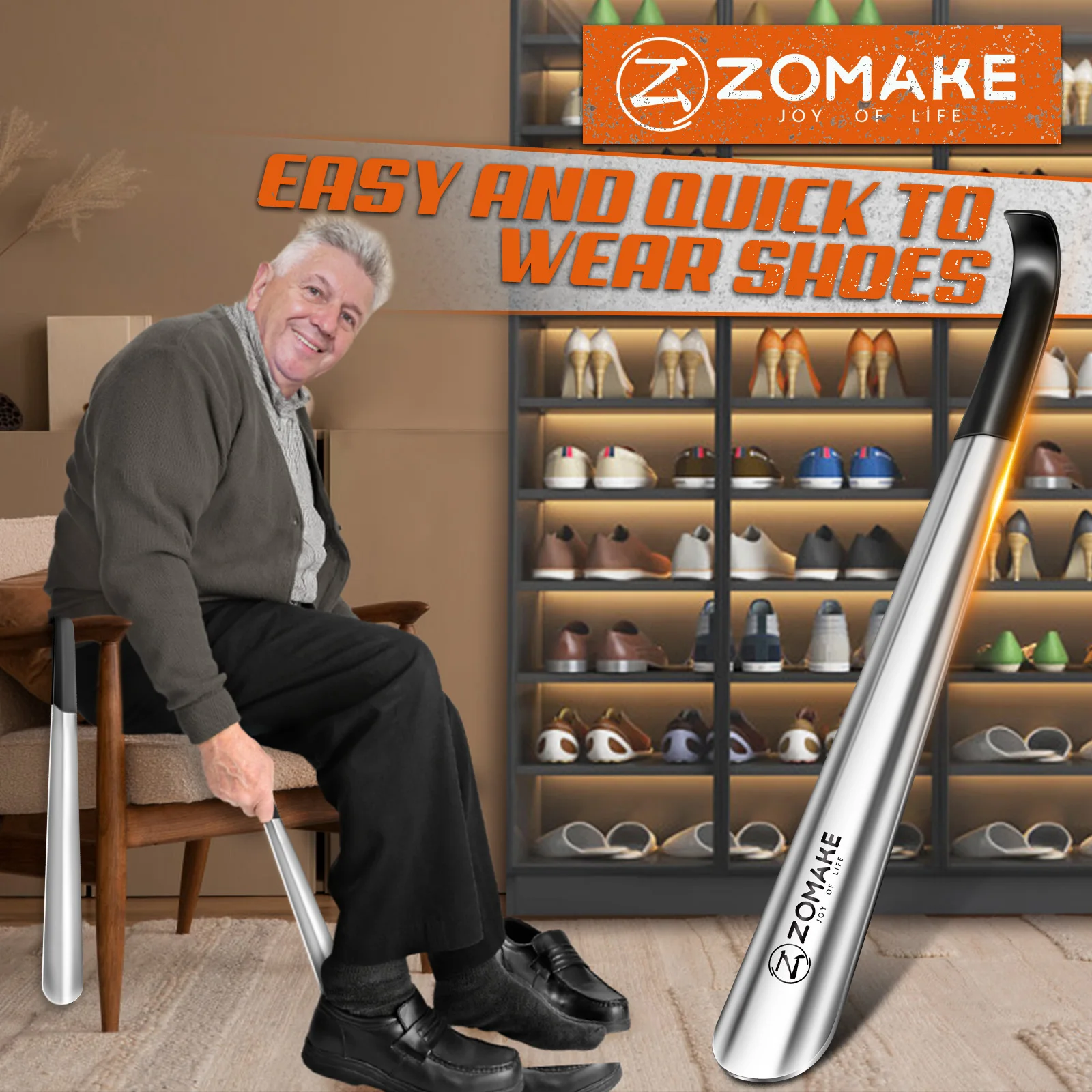 ZOMAKE 42cm Long Shoe Horn lifter Long Handled Shoe Horn lifter Stainless Steel Professional Shoehorn for Boots Shoes