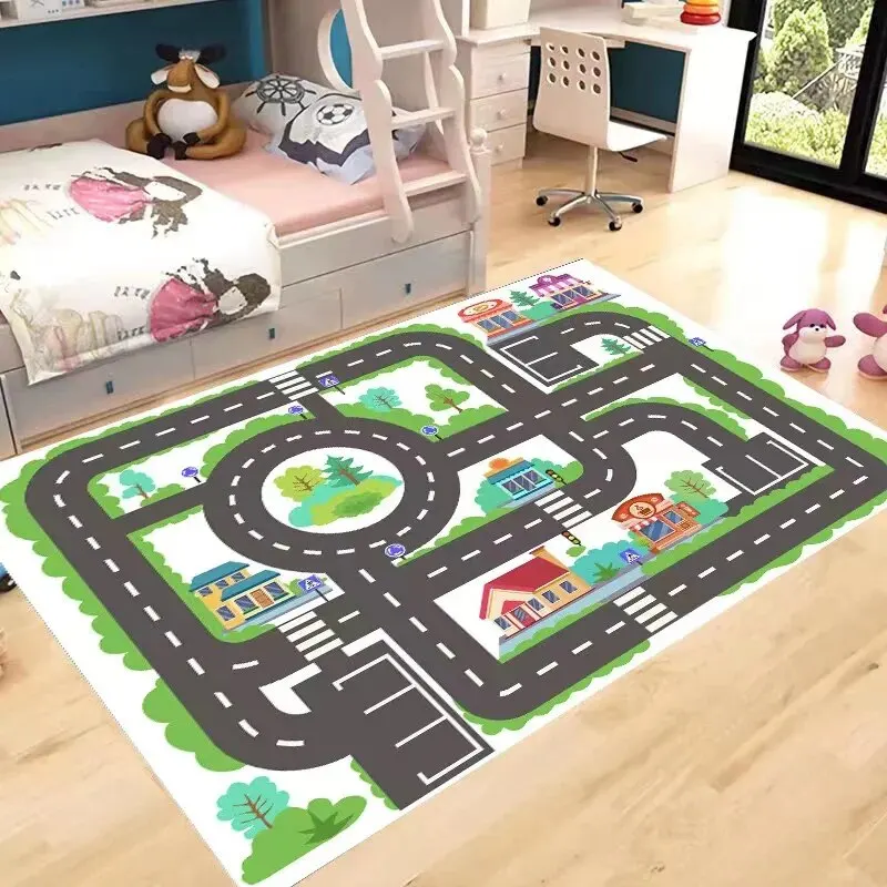 VIKAMA Crystal Velvet Carpet Children\'s Anti-Fall Mat Urban Traffic Scene Map Game Toy Blanket Road Track Parking Lot Mat