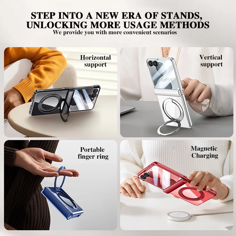 Luxury Holder Clear Case For Samsung Z Flip 8 Magnetic Glass film Protection Anti-fingerprint Hard Plating Stand Back Cover