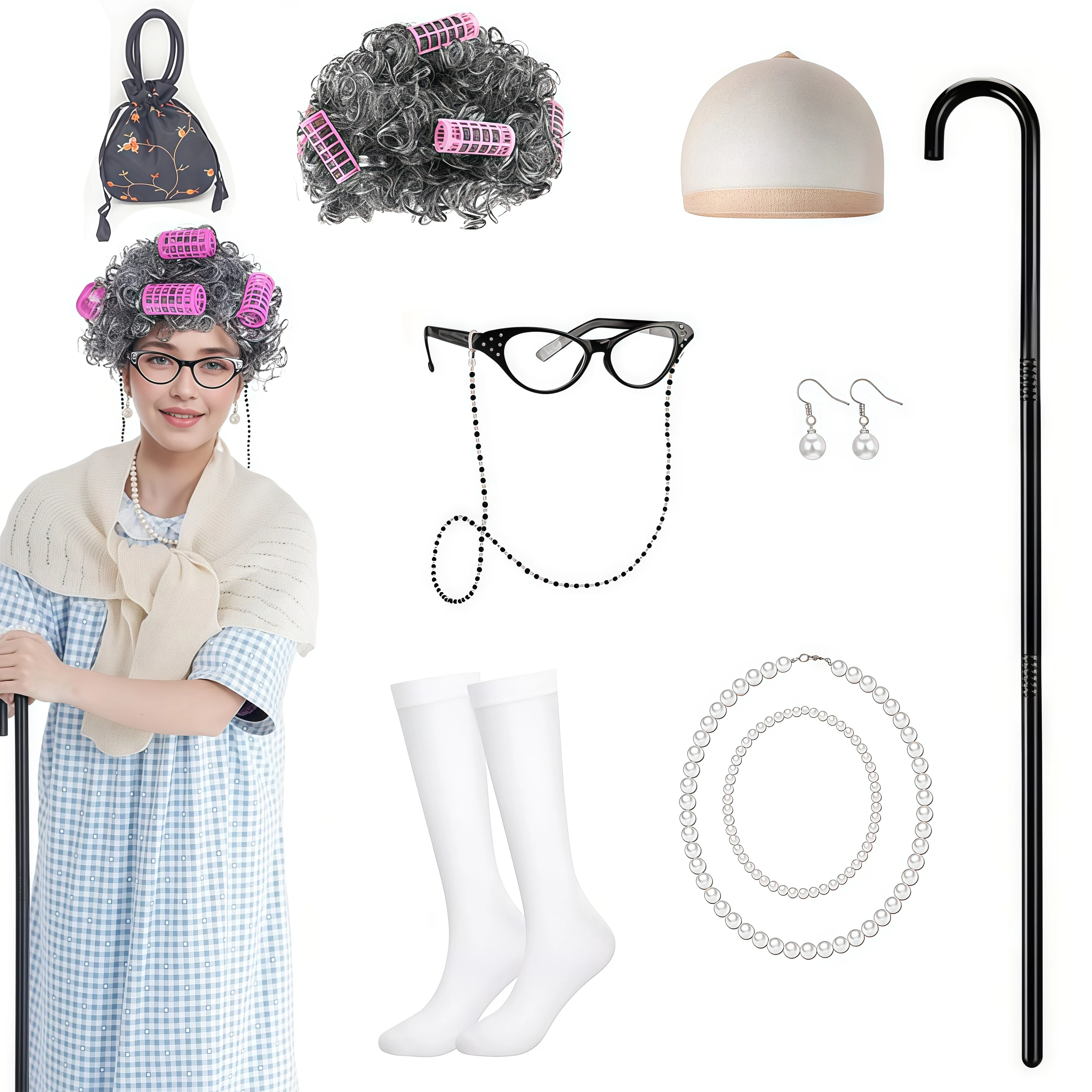 مجموعة أزياء السيدة العجوز للأطفال 100 يوم من المدرسة الجدة رمادي شعر مستعار نظارات للفتيات أداء لعب الأدوار في الهالوين ملحق الجدة #1