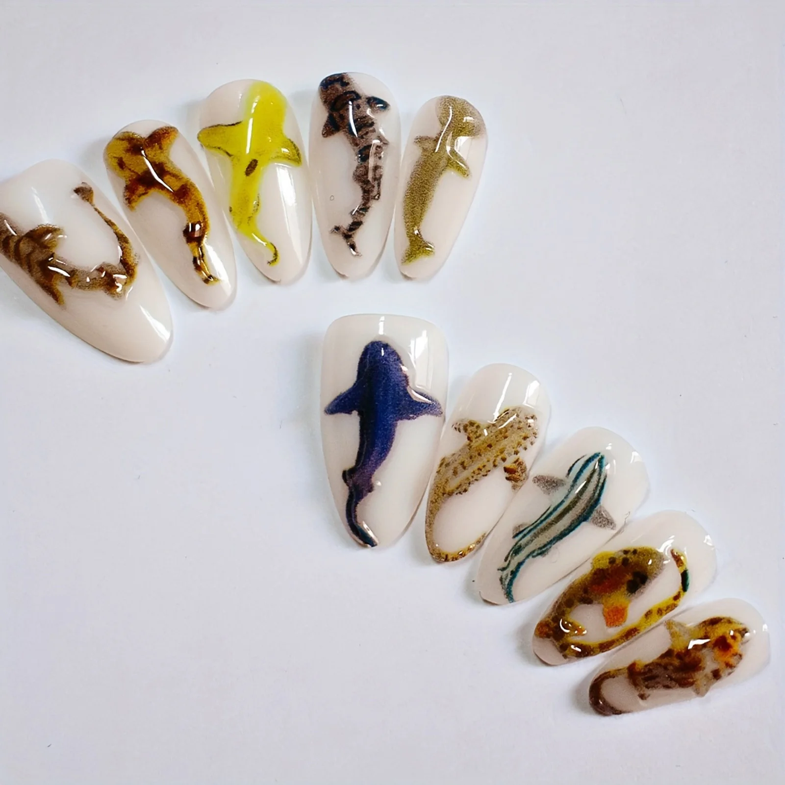 10pcs Handmade Press On Nails Sweet Cool 3D Colorful Fish Decor False Nails White Almond Women Girls Wearable Fake Nail Manicure