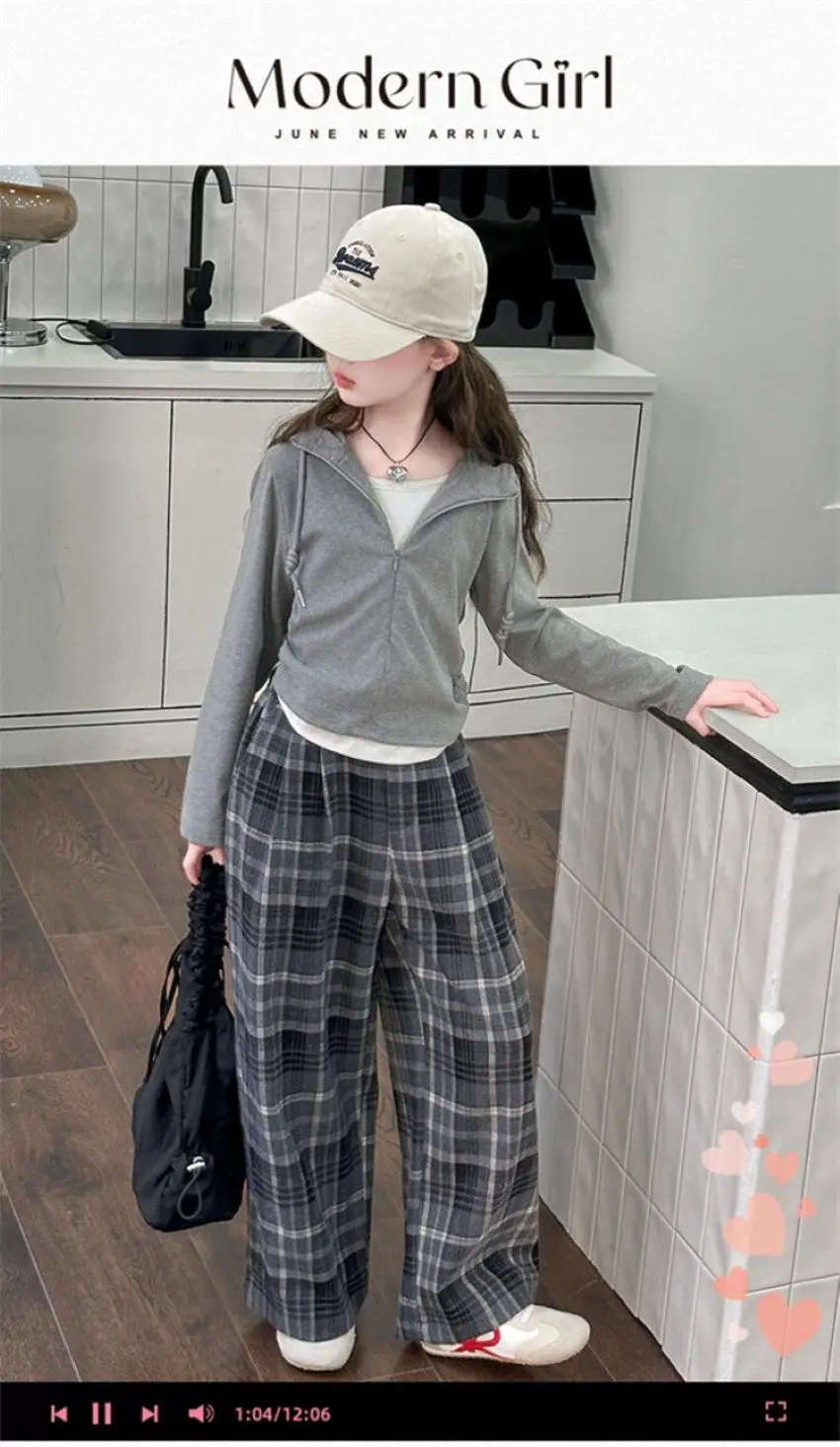 

Girls Hooded Sweatshirt Set With Plaid Wide Leg Pants Autumn Two Piece Outfit Casual Daily Wear Comfortable Kids Fashion