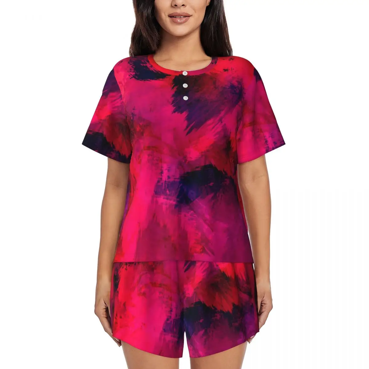 

Abstract Brush Pajamas Short Sleeve Red and Purple Two Piece Bedroom Pajama Sets Summer Womens O Neck Elegant Nightwear