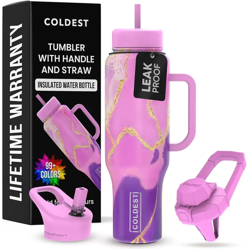 

46 oz Insulated Tumbler with Handle and Straw - Leak-Proof Stainless Steel Cup with 3 Lids, Suitable for Men & Women