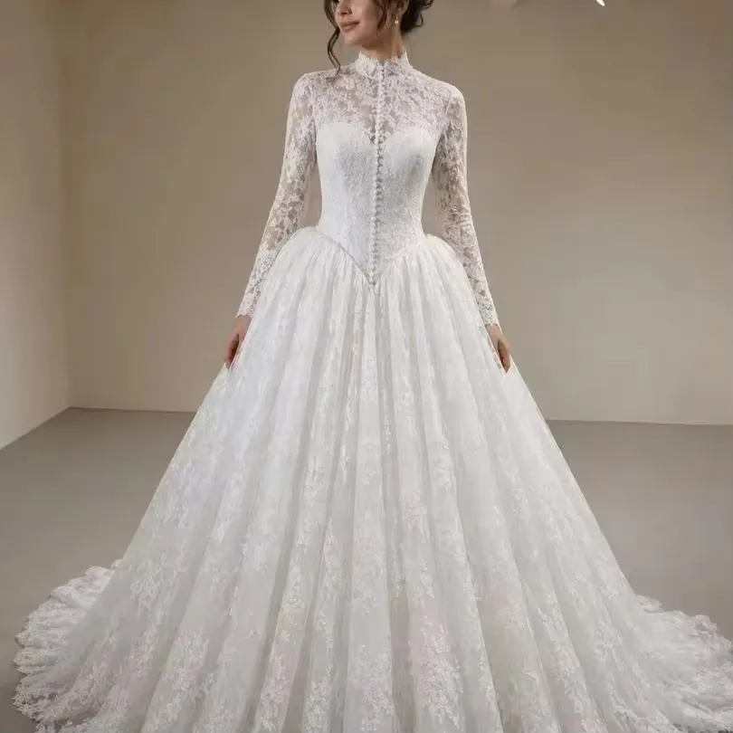 Classic Lace A-line Wedding Dress 2026 High-Neck Long Sleeves Buttons Back Princess Birde Bridal Gowns Vestido De Novia