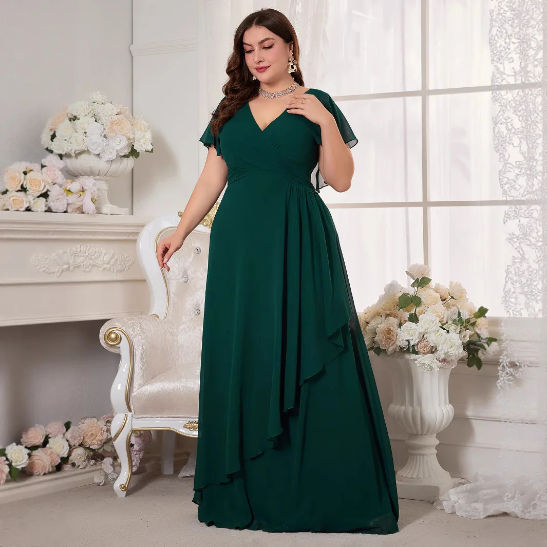 Plus Size Pure Color V-Ne Lantern Sve Asymmetrischer Saum Chiffon Dr. Sommer Hohe Taille Thiened Summer 2025