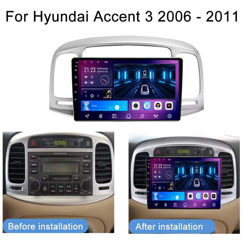 Android 14 For Hyundai Accent 3 2006 - 2011Car Radio Stereo Head Unit Multimedia Player GPS Navigation No 2din DVD 5G Wifi QLED