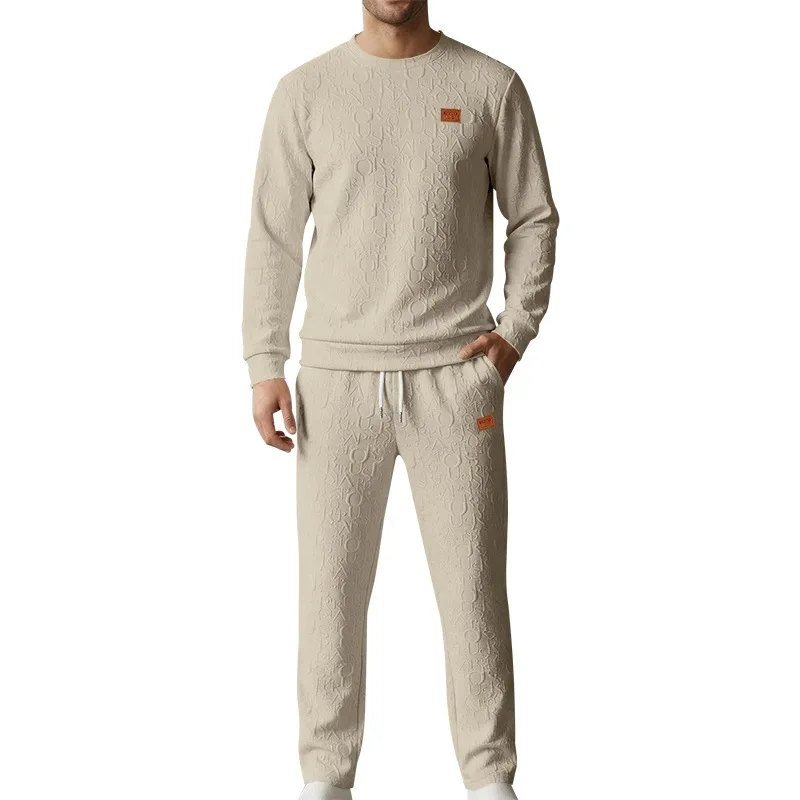 2026 Cross-border Spring and Autumn Men's Texture Pattern Set, Embossed Letter Crew Neck Sweater Pants Set, Large Size Wholesale view 5