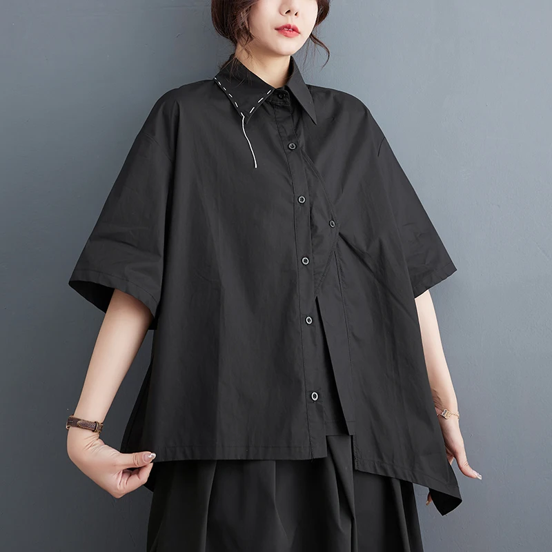 2024 New Japanese Yamamoto Dark Style Chic Girl's Asymmetric Black Summer Blouse Shirts Street Fashion Women Casual Blouse