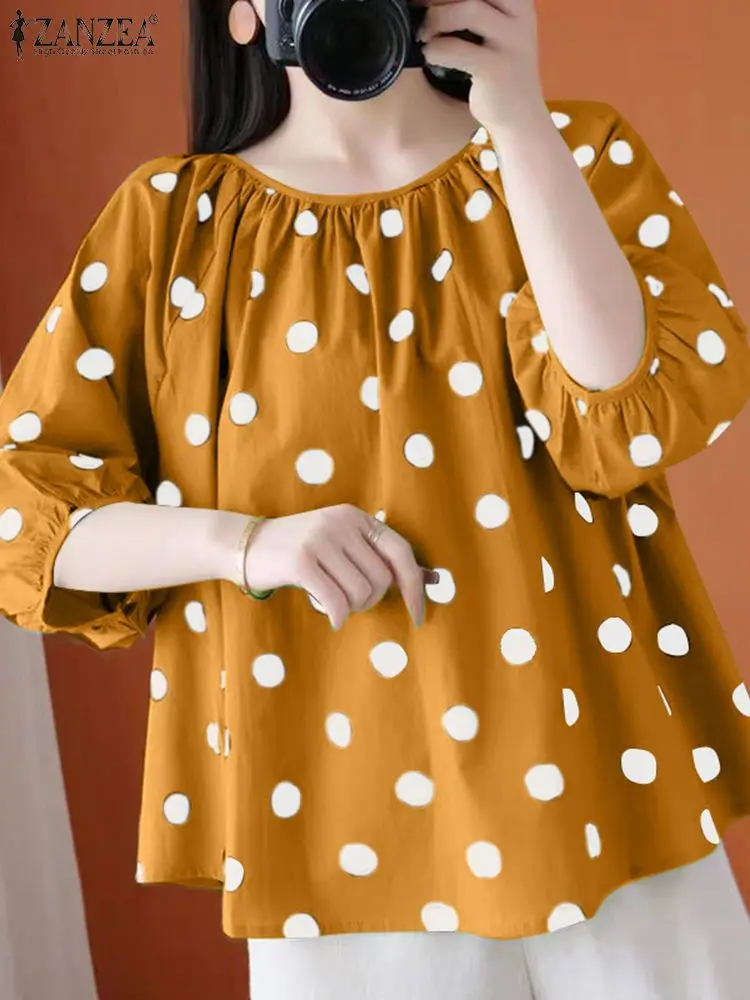 ZANZEA Oversize 3/4 Lantern Sleeve Blouse Women Fashion Loose Polka Dot Shirts Holiday O-Neck Blusas Summer Korean Pleating Tops