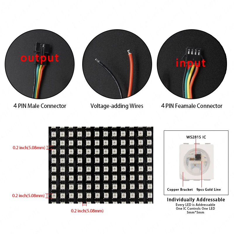 WS2812B WS2815 RGB LED Digital Flexible Individually Addressable Panel Light Strip 8x8 16x16 8x32 Module Matrix Screen 5V 12V DC