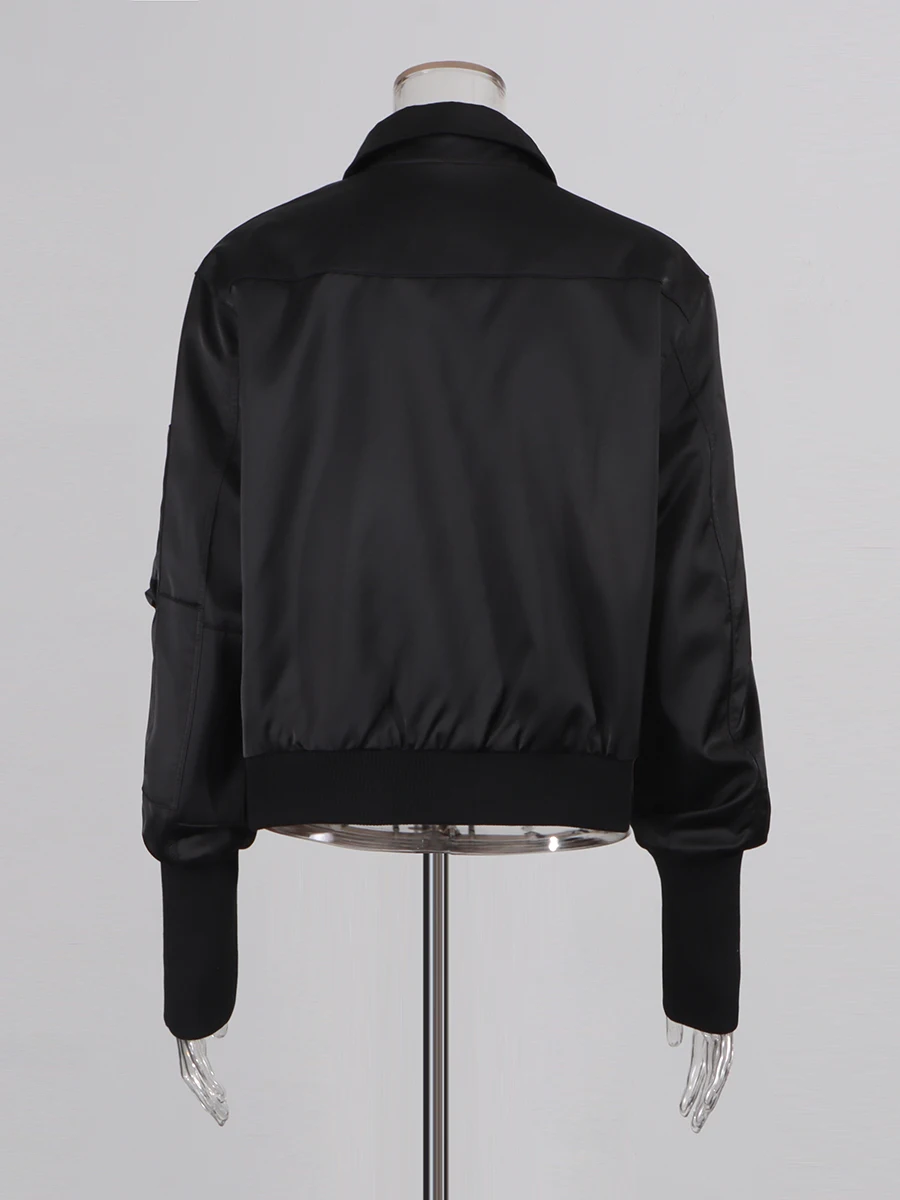 TWOTWINSTYLE Jednolite, łączone, cekinowe kurtki damskie z wysokim kołnierzem, długimi rękawami, patchworkowe kurtki na zamek błyskawiczny, nowe ubrania damskie