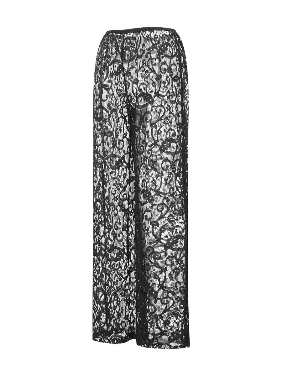 Женские черные сетчатые брюки, прозрачные кружевные брюки с низкой посадкой и широкими штанинами для повседневной жизни в спальне