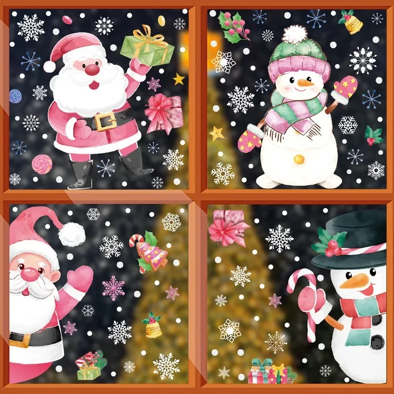 Pink Santa Claus Christmas Stickers Cartoon Snowman Gingerbread Man Window Stickers 2024 Xmas Tree House Static Mirror Sticker