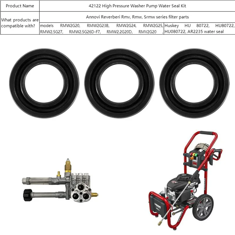 42122 High Pressure Washer Pump Water Seal Kit 3-Piece, For Pool Pressure Washer Pumps Annovi Reverberi RMW2G24 SRMW2.2G26