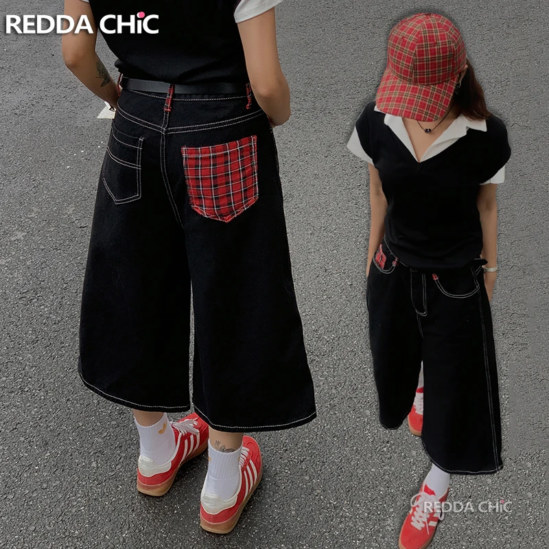 

ReddaChic Patchwork Plaid Baggy Jorts Women Friends Couple Skater Oversize Pants Wide Leg Low Waist Denim Shorts Vintage Clothes