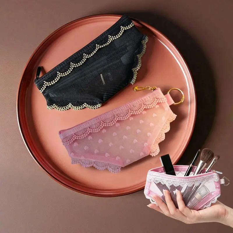 Kosmetiktasche aus Netzstoff mit Spitzenbesatz, transparentes Design und tragbar, perfekt für Reisen, den täglichen Gebrauch und die Aufbewahrung von Make-up-Pinseln und Lippenstiften. – Detail 1