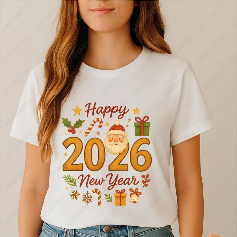Happy New Year 2026 Santa Claus Christmas Festive Holiday Tees Men Women High Quality Cotton Clothing All Match New Style Tshirt