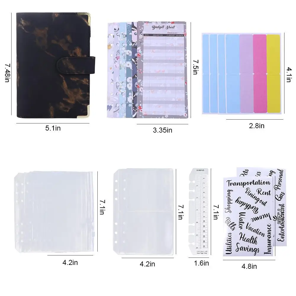 Faux Leather A6 Marble Notebook Binder Budget Planner Organizer With 6 Ring Binder Cover for Budgeting Zipper Envelope