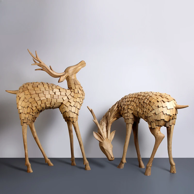 Solid wood sculpture deer ornament floor-to-ceiling interior large soft decoration hotel lobby villa shopping mall wood carving