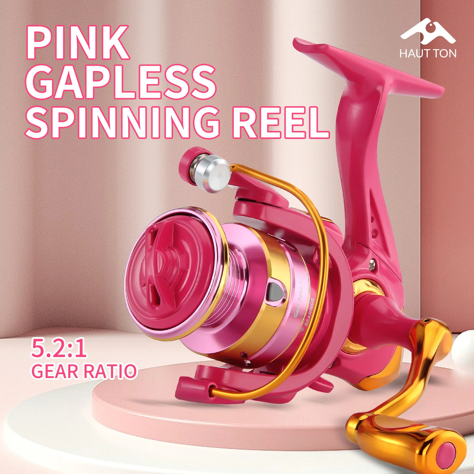 HAUT TON – moulinet de pêche Spinning rose PG2000/3000, rapport de vitesse 5.2:1, 8kg/17.64lb, bobine métallique à traînée maximale et bras oscillant pour mer et eau douce