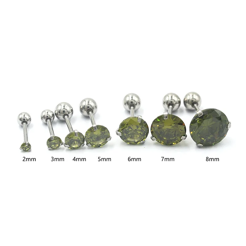 Stainless Steel With Olive Green Stones Bling Screw-back Stud Earrings No Fade Allergy Free Slim Needle